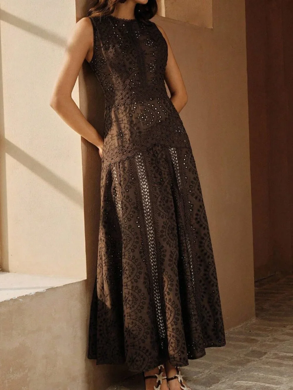 Coffee Brown Party Women's Sleeveless Hollow-Out Elegant Slim Fit Dress